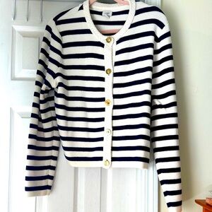 J. Crew Navy and White Striped Cardigan, gold buttons Size L, luxury sweater